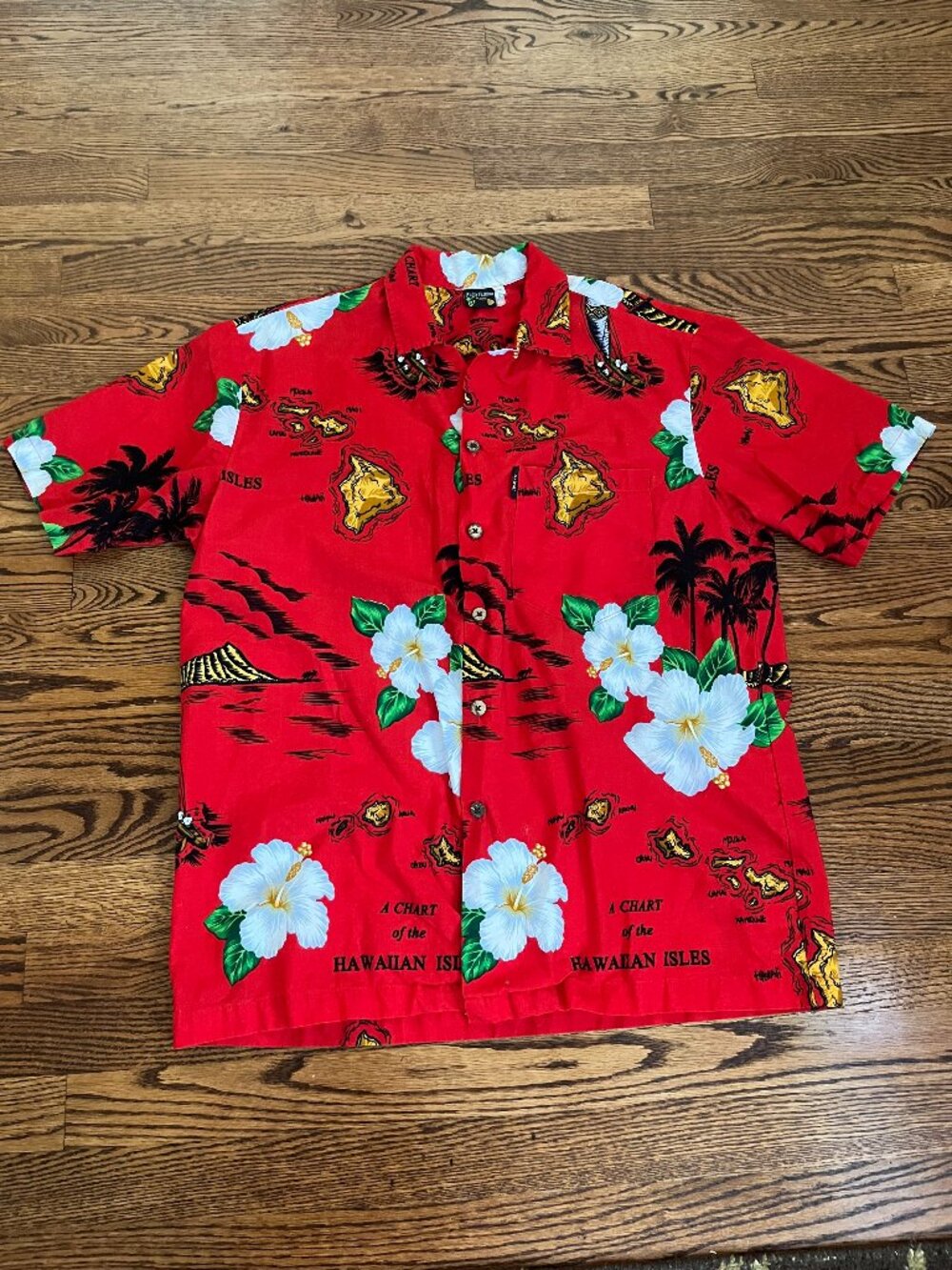 Vintage Hawaiian Button Up Shirt Men’s L Red Islands Map Tropical Flowers Boat
